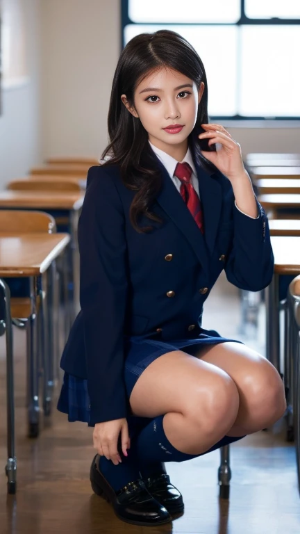 (8k, RAW Photos, Realistic: 1.25), masterpiece, highest quality, Ultra HD, Very beautiful and elegant Japanese woman, , i always wear glasses, Beautiful black hair, Beautiful Skin, Beautiful Eyes, Not slim body, Realisticで詳細な日本の高校の, Sailor suit, Navy Pleated Skirt,Realistic and detailed school library, Reading a book in the library, Random Pause