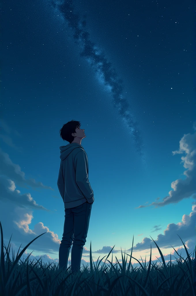 College boy, wearing hoodie, standing and watching night sky, background night sky, green grass