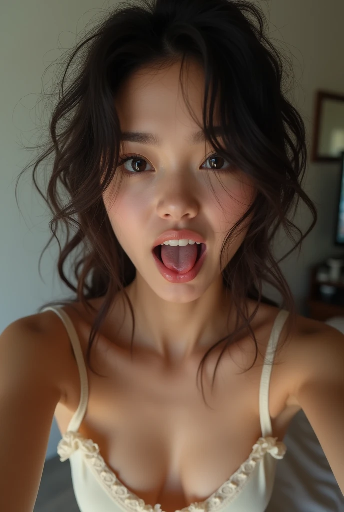 Ahegao, tongue out, eyes crossed, taking a selfie, 1, detailed eyes, no makeup, (loose curly hair), (dark hair), (small breasts), skinny, slim body, detailed clothes, detailed body