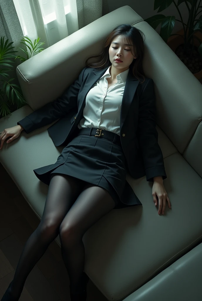 Chinese, office lady, black jacket, white shirt, black short skirt, black pantyhose, black high heels, lying on the couch, dead, eyes closed 