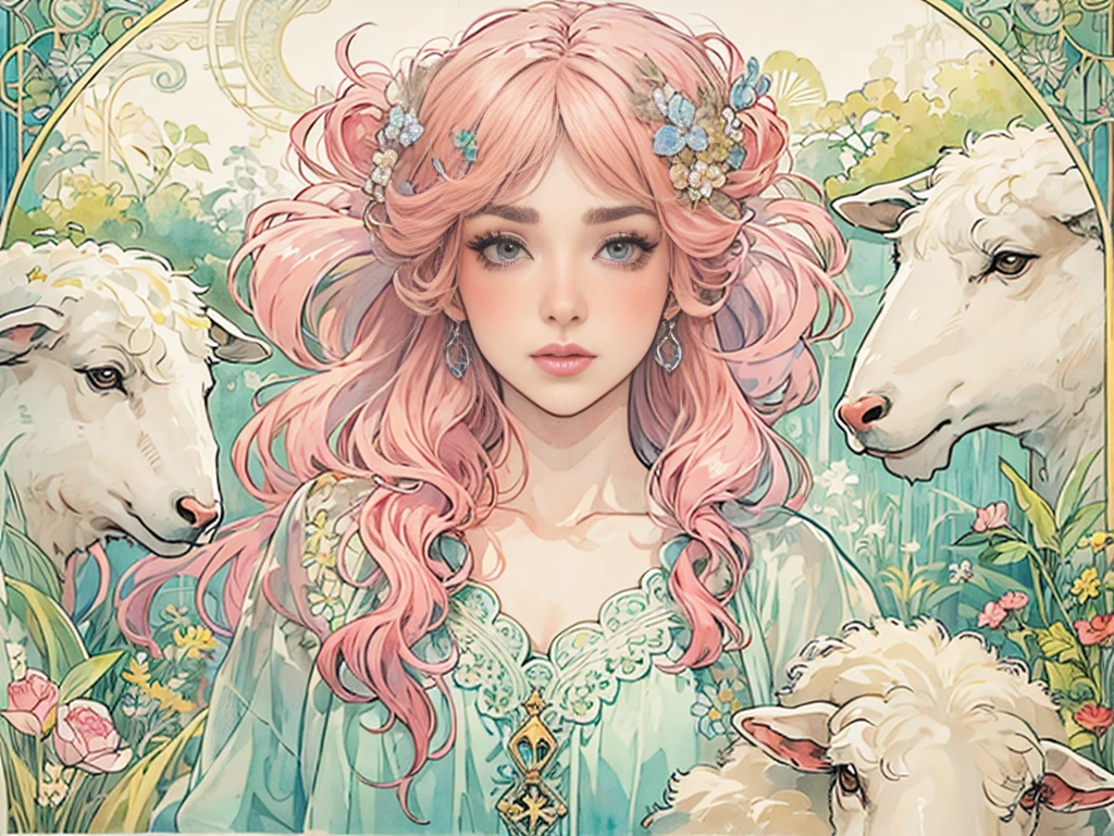 ((masterpiece)), (Highest quality), (Cinematic), Art Nouveau watercolor , Floral_background, Intricate designs and patterns in the style of Alphonse Mucha，\One Woman, Pink Hair, Long Hair, Cotton candy shaped hair, Fluffy hair, Thick eyebrows, Pink dress, Light blue cardigan, Standing in the grassland, Fluffy sheep next to me\