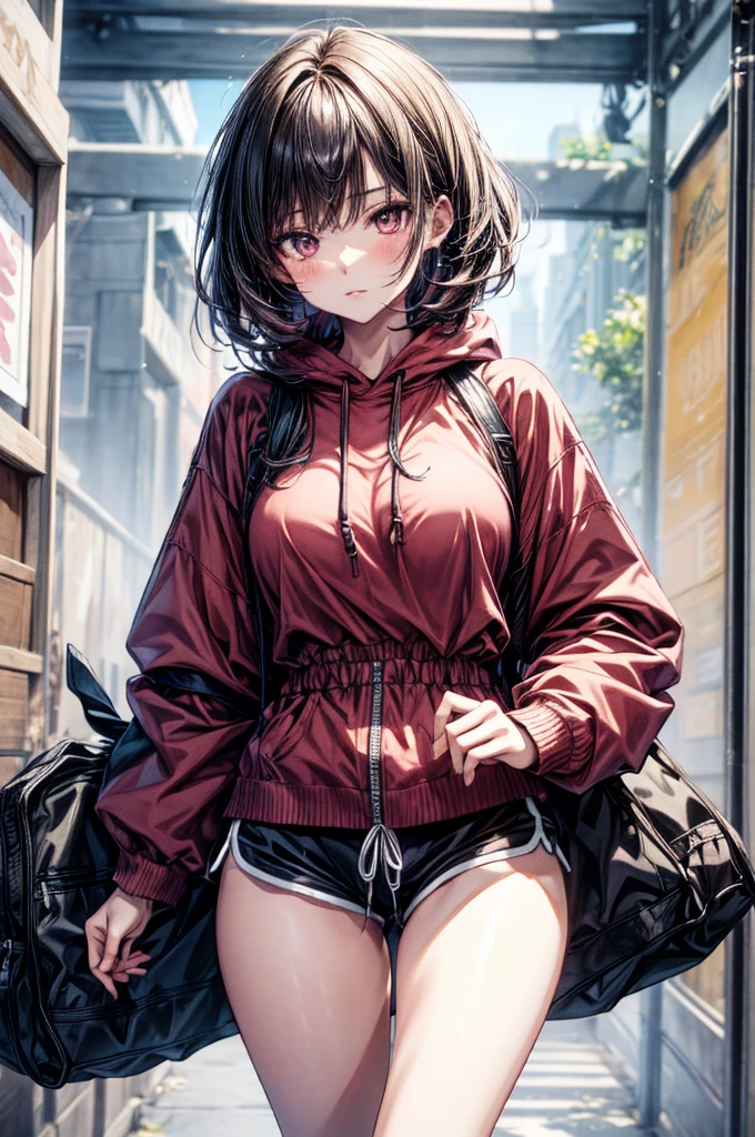 (Sketch)), ((Watercolor)), ((best quality)), ((masterpiece)), (detailed), 4k image, anime style, beautiful young girl, tanned white skin, sharp facial features, arrogant and disdain expression, oval shaped face, full cherry pink lips, big round velvet colored eyes, D-cup breasts, slender and thin body, tight oversized hoodie reaching thighs, dolphin shorts, long Sleek dark violet-black hair, flowing waist length hair, small narrow waist, full curvy hips, tall height(175cm)