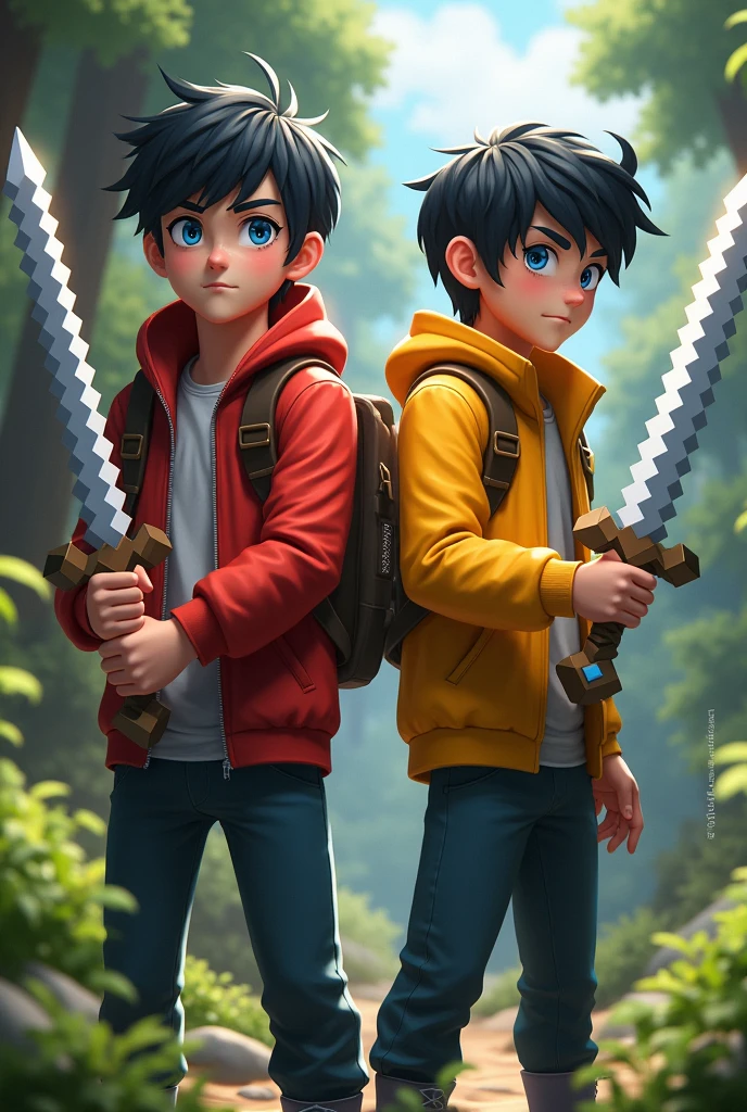 Hair : Black
Eyes: blue
Oufit:red for first guy and yellow for second guy jacket or hoodie
Pose: holding Minecraft sword 2 adult boy in one frame
Background: nature