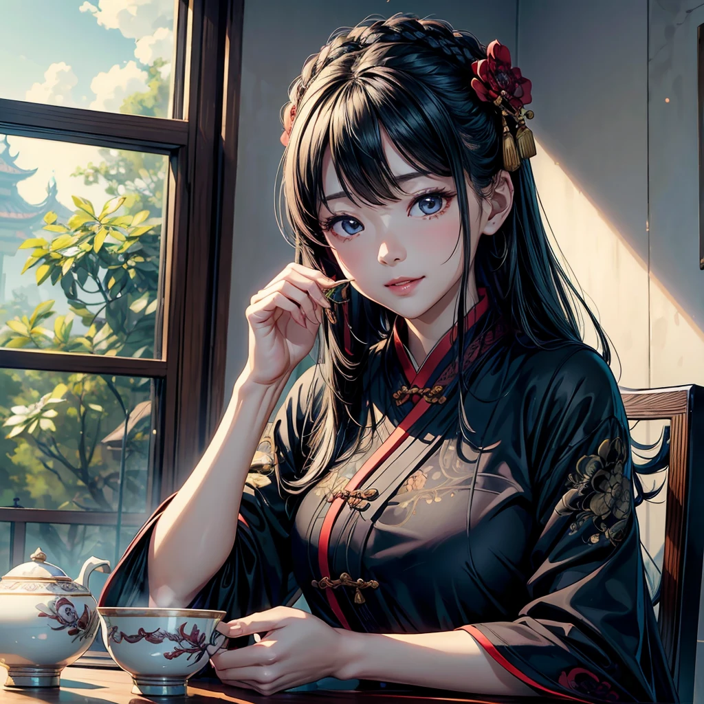 masterpiece、Highest quality、High resolution、8k、Ray Tracing、Detailed people、Detailed Yin、Two Women、Black Hair、Han traditional costume、Beautifully detailed clothing patterns、High-status clothing、Beautiful Face、god々Smile、Sit at a table with tea and sweets、(Very beautiful mother-of-pearl work、Beautifully detailed porcelain)、 Scroll、Luxurious traditional Chinese room、god秘的な昼間の景色、