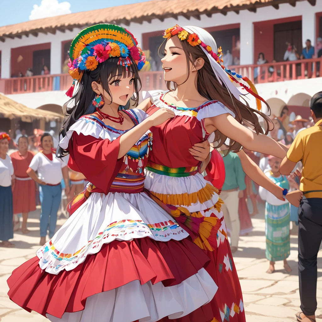 ((Highest quality)), ((masterpiece)), (detailed), (Perfect Face)、The woman is Reika Aoki with semi-long hair、A woman is dancing in Guelaguetza in Mexico, wearing a Guelaguetza costume, with a Mexican woman's hairstyle