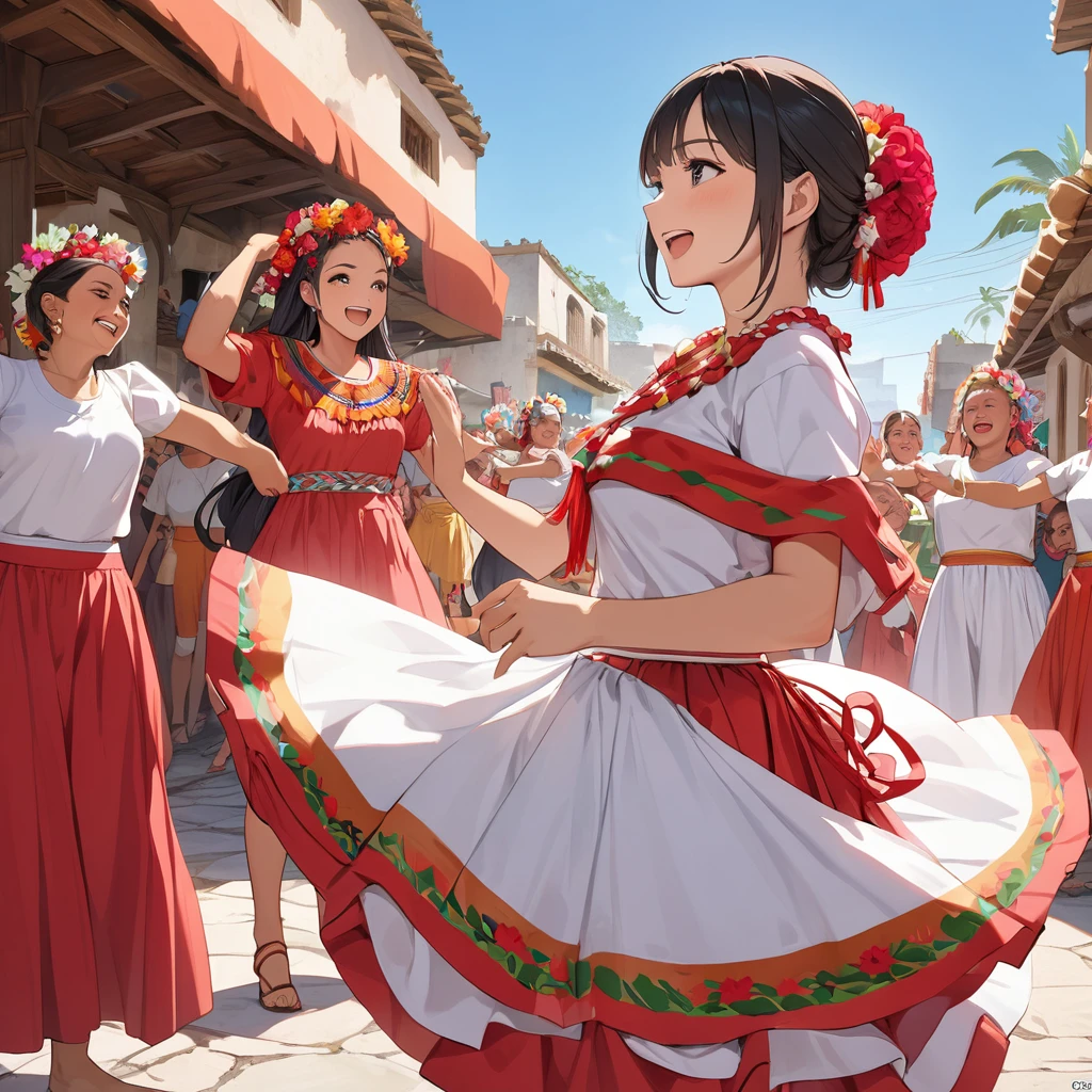 ((Highest quality)), ((masterpiece)), (detailed), (Perfect Face)、The woman is Reika Aoki with semi-long hair、A woman is dancing in Guelaguetza in Mexico, wearing a Guelaguetza costume, with a Mexican woman's hairstyle