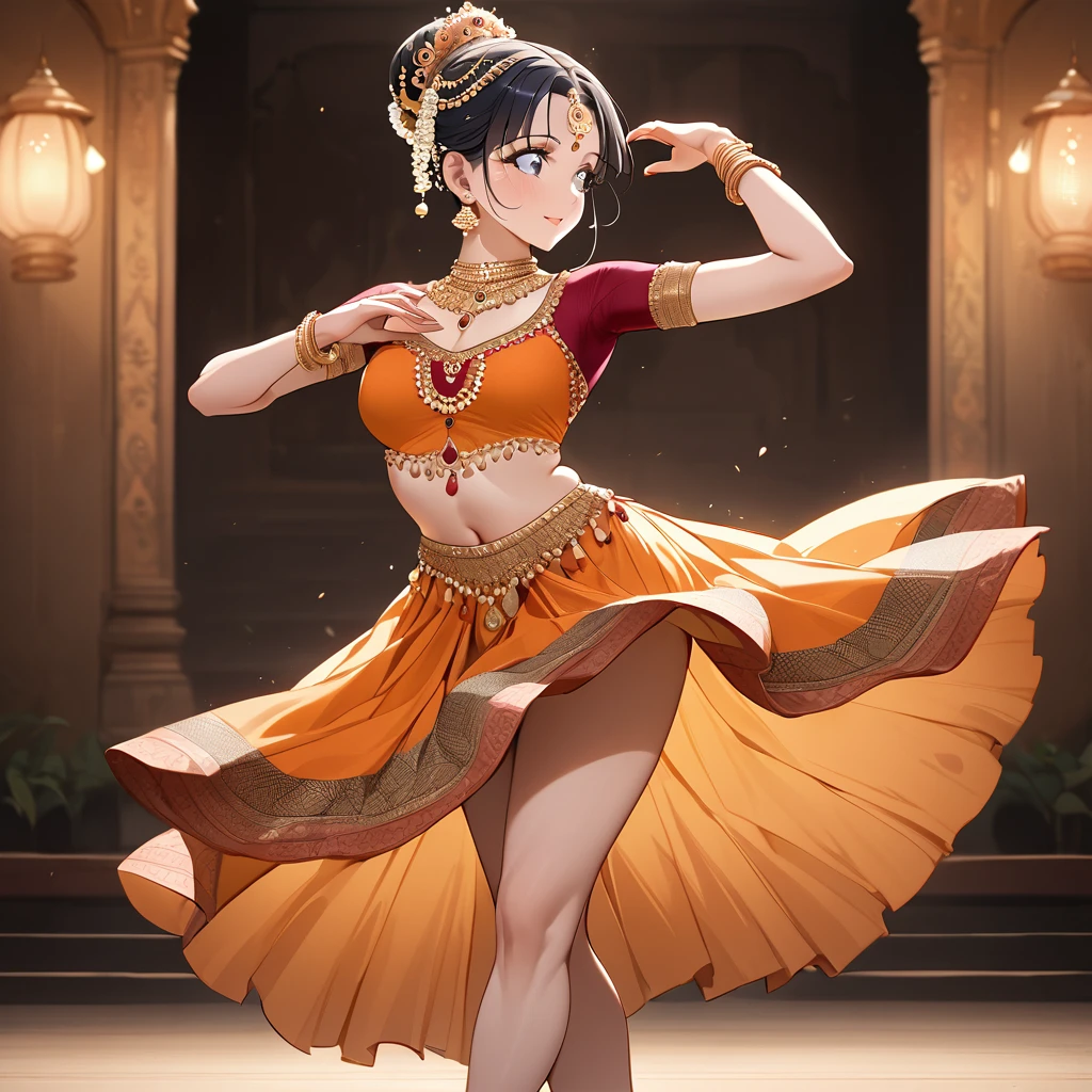 ((Highest quality)), ((masterpiece)), (detailed), （Perfect Face）、The woman is Reika Aoki with semi-long hair、A woman is dancing Bharatanatyam in Bharatanatyam costume in India