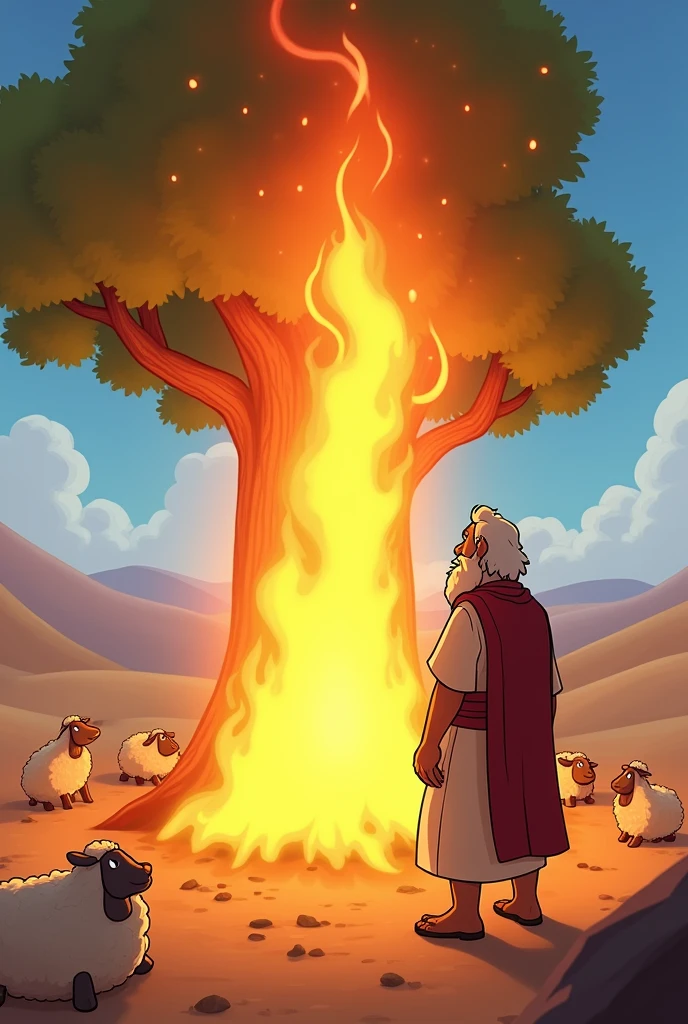 Moses seeing a burning tree , with several sheep behind him, animated cartoon