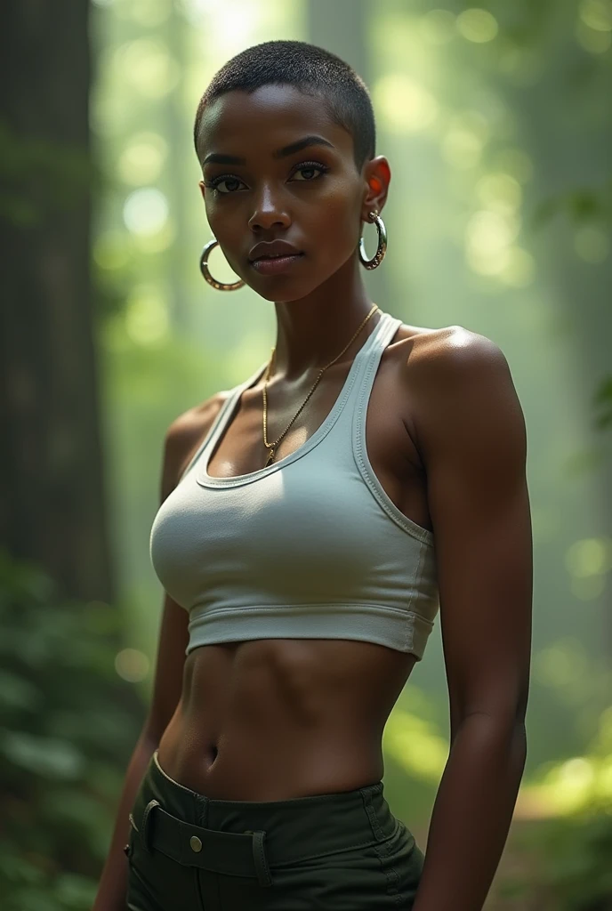 young black woman, short black military buzz cut, dark and well tanned skin, hoop earringswearing a see through white crop top aandyoga pants, in the background an enchanted mystical forrest