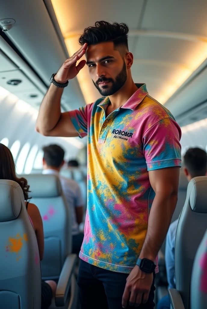 Here's a promotional script based on your request:

[Scene: Inside a sleek, modern aircraft. You're seated comfortably, wearing a bright red paint-splattered shirt with your name "Ali Haider" boldly printed on it. The aircraft's interior is spotless, and your name "Ali Haider" is also prominently displayed on the side of the plane.]

You: [standing up and giving a sharp salute] "Attention everyone! I'm Ali Haider, and I'm taking this flight to new heights!"

[You walk over to the window and give a thumbs-up to the camera, with the plane's name "Ali Haider" visible behind you.]

You: [smiling confidently] "Get ready for takeoff with me! We're going to soar to new heights and make this journey unforgettable!"

[Scene: Outside the plane, the camera pans up to show the plane's name "Ali Haider" emblazoned on the side, with you visible through the window, giving a salute and a smile.]

Voiceover: "Join Ali Haider on this epic journey! Buckle up and get ready for liftoff!"

Let me know if you'd like me to make any changes!