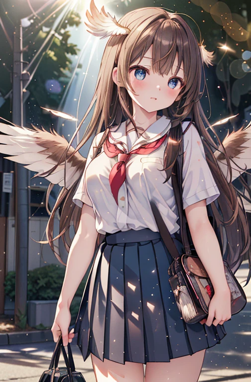 (masterpiece, Highest quality, Highest quality, Official art, beautifully、aesthetic:1.2), Very detailed, colorful, Highest detail ((Very detailedな)), (Highly detailed CG illustrations), ((Very delicate and beautiful)),(8K Photo Quality),(完璧なShine肌, Detailed skin, The most detailed face),(One girl, cute), solo, Exterior, Shibuya Ward/(Tokyo/), break,(Brown Hair, Super long hair), blue eyes, Large Breasts, (Seraphim, Pleated skirt, Short sleeve, school bag:1.5),(Particles of light, Lens flare, Depth of written boundary, Shine, Bokeh, Speckled sunlight:1.3), Are standing,