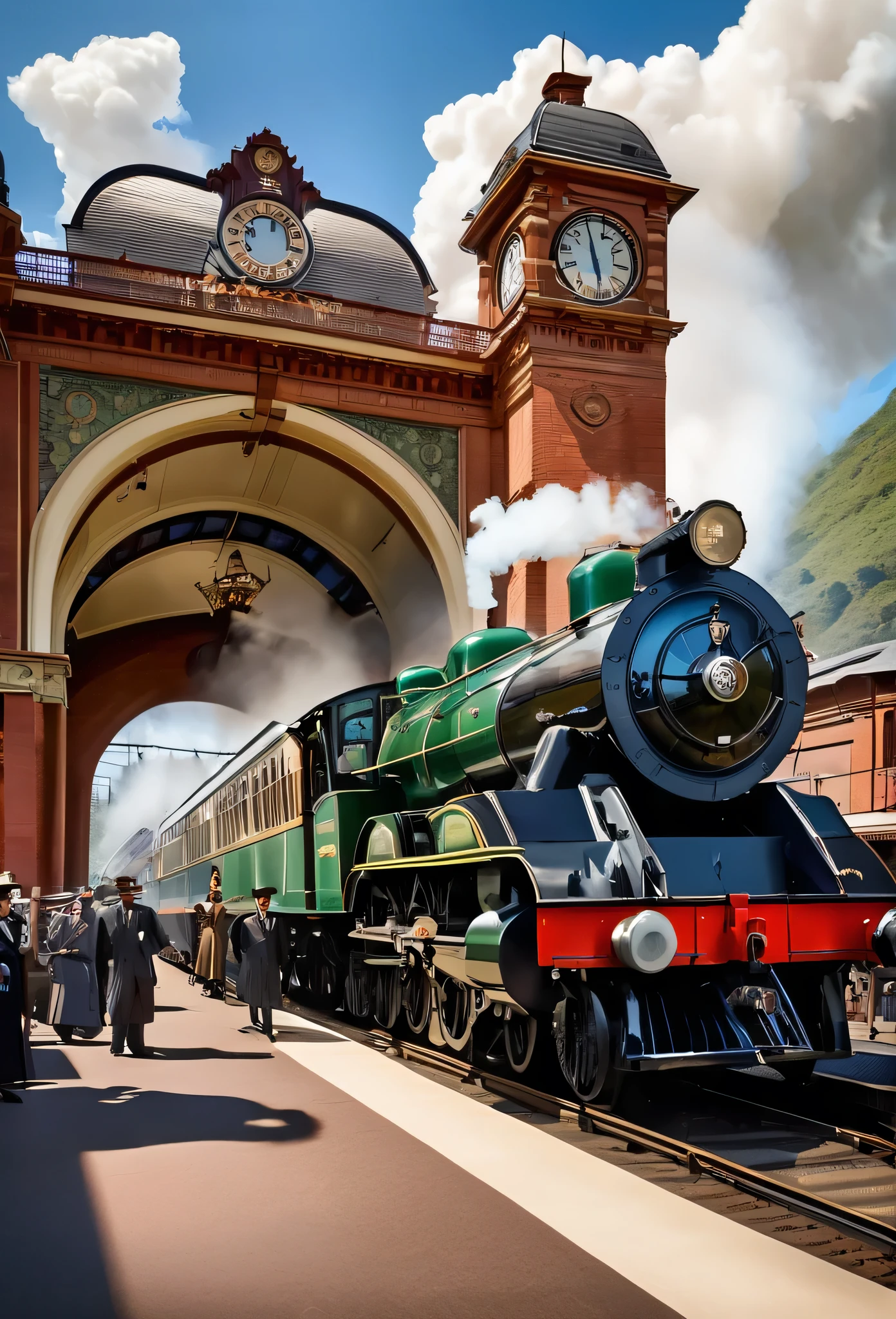 Create an image of a bustling train station from the early 20th century. The station is a grand, Victorian-style building with large arched windows and a towering clock tower. People in vintage attire hurry along the platform, some carrying suitcases, others waving handkerchiefs to departing passengers.
On the platform, an old steam train puffs out clouds of white steam, its brass and iron fittings gleaming in the sunlight. The train is adorned with intricate designs, polished to a shine. The platform is busy with activity, with porters loading luggage into the train's compartments.
In the background, a backdrop of rolling hills and a clear blue sky complete the scene, adding a sense of nostalgia and adventure to the setting. The train's whistle echoes through the station, signaling its departure, as passengers rush to board while loved ones bid farewell.
Capture the essence of a bygone era, filled with the excitement of travel and the romance of steam locomotives