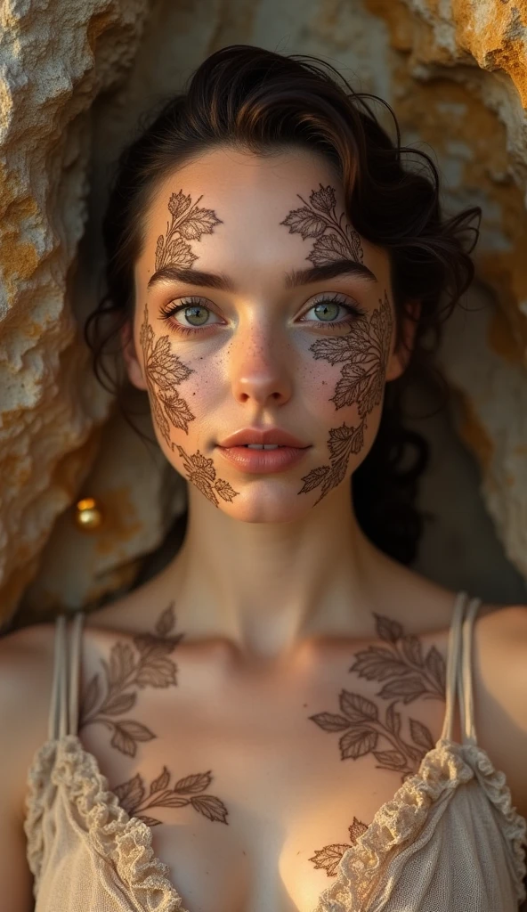 A frontal portrait that resembles the actress “Daisy Ridley”, a sensually smiling woman with a light, porcelain-like complexion and flushed cheeks. Wide-open eyes and delicate freckles on her nose and cheeks. Her head and shoulders are surrounded by an ornate, leaf-like pattern reminiscent of delicate lace or a network of leaf veins. The pattern should be in dark brown tones and blend seamlessly with the skin or look like a natural extension of the woman's body. The woman's facial features should be symmetrical and well-defined, with a calm and serene expression. The image should combine elements of nature with human features to create an artistic and surreal portrait. The light, revealing clothing and visible body parts resemble coarse linen in bright colors. Gold particles float in the air, glistening in the light of the evening sun. A marbleized rock face can be seen in the background, illuminated by the evening light. Overall effect: A calm and unworldly being in quiet contemplation.