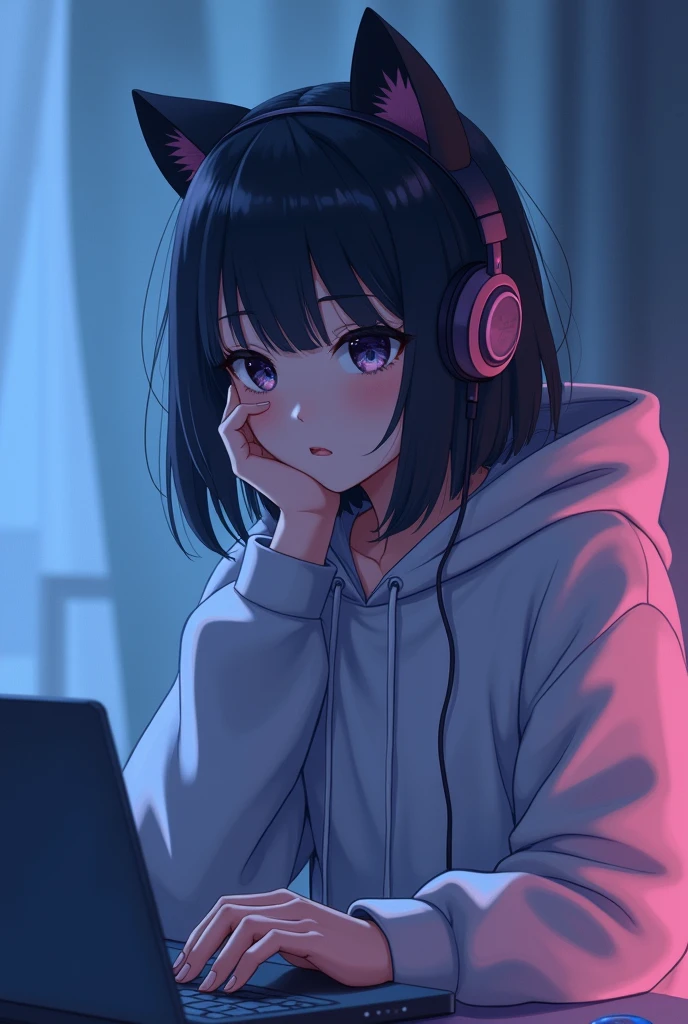 Blue and pink hues blend together、A dark-haired girl wearing headphones、Staring blankly at the screen。Her hair is accessorized with cat ears.、Wearing a hoodie and in a relaxed position。I could see a little bit of loneliness and tiredness in her eyes.、She gives off the impression that she is worried about something.。overall、A scene that evokes emotions in the quiet of the night。