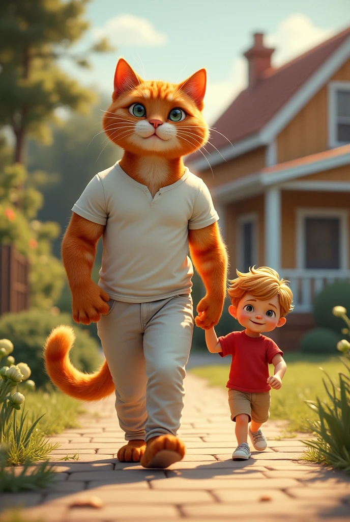 Ek child  jisne red t-shirts and nikkar pehna h  rote huye ginger muscular cat jisne shirt and pent pehni h ke gale lgta h   seen road ka h   