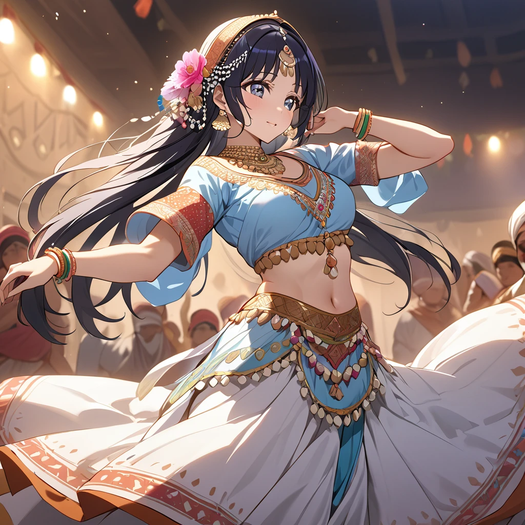 ((Highest quality)), ((masterpiece)), (detailed), （Perfect Face）、The woman is Reika Aoki with semi-long hair、A woman is dancing Rajasthani dance in an Indian Rajasthani dance costume.