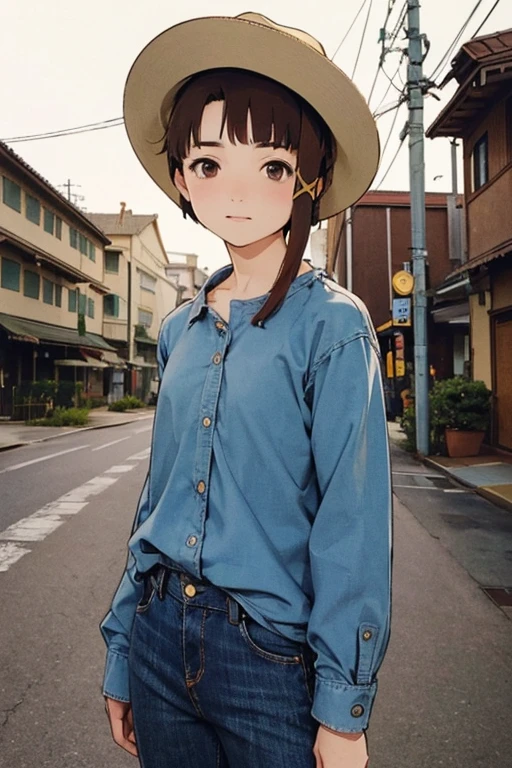 (masterpiece, Highest quality), Highest quality, ((photographic backdrop)), Amazing details, Line art, Written boundary depth, Flat Shading, yoshinari yoh, 1girl, solo, ((iwakura lain)), (iwakura lain poses on some deserted street of Texas), long sleeves check patterned shirt, denim pants, sneakers, cowboy hat, Expressive eyes, Perfect Face, (skinny, flat chest, small breast), Art Nouveau, Bokeh, (((Anatomically correct))), squinting, open mouth, SixtiesRamada