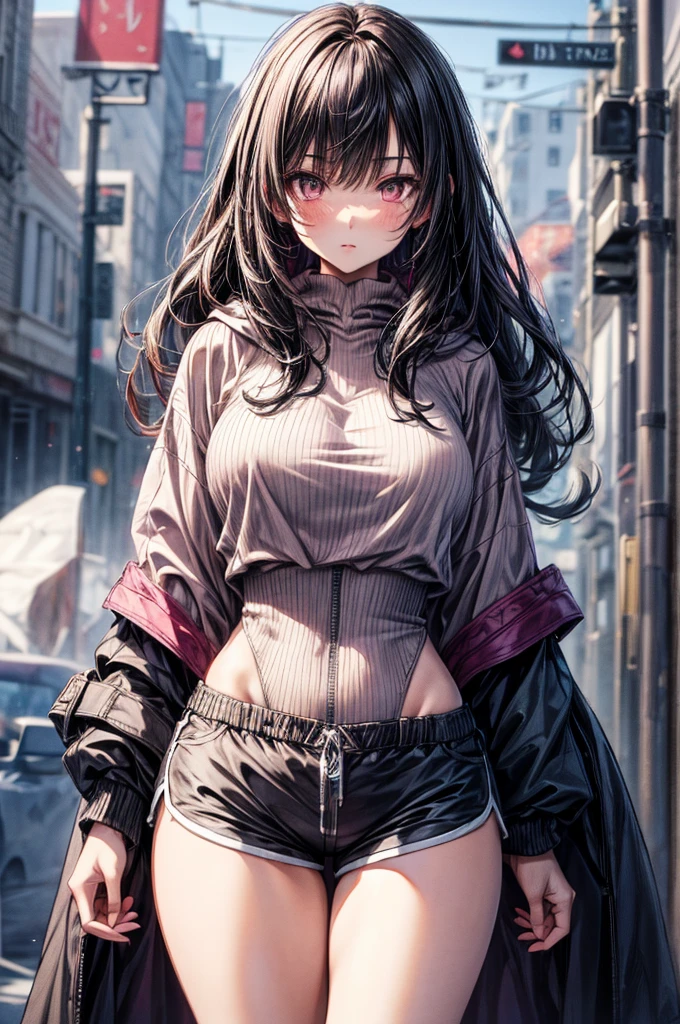 (Sketch)), ((Watercolor)), ((best quality)), ((masterpiece)), (detailed), 4k image, anime style, beautiful young girl, tanned white skin, sharp facial features, arrogant and disdain expression, oval shaped face, full cherry pink lips, big round velvet colored eyes, D-cup breasts, slender and thin body, tight oversized hoodie reaching thighs, dolphin shorts, long Sleek dark violet-black hair, flowing waist length hair, small narrow waist, full curvy hips, tall height(175cm)