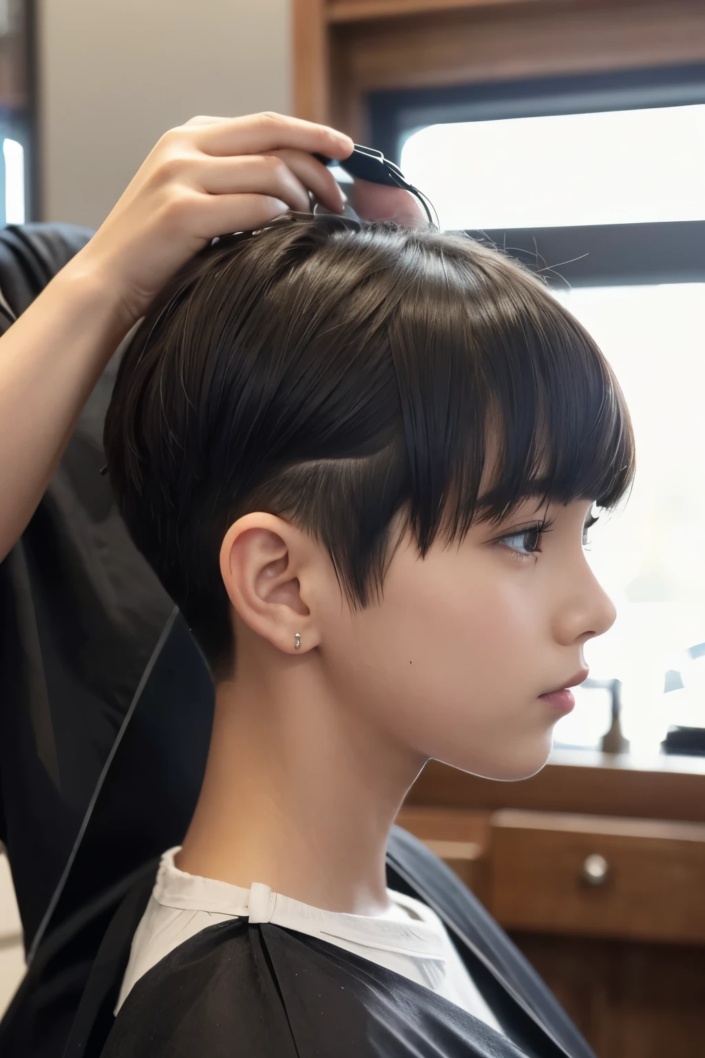 barber shop,haircut,A young girl with her nape shaved,Short Bob,undercut,Short nape,hair clipper