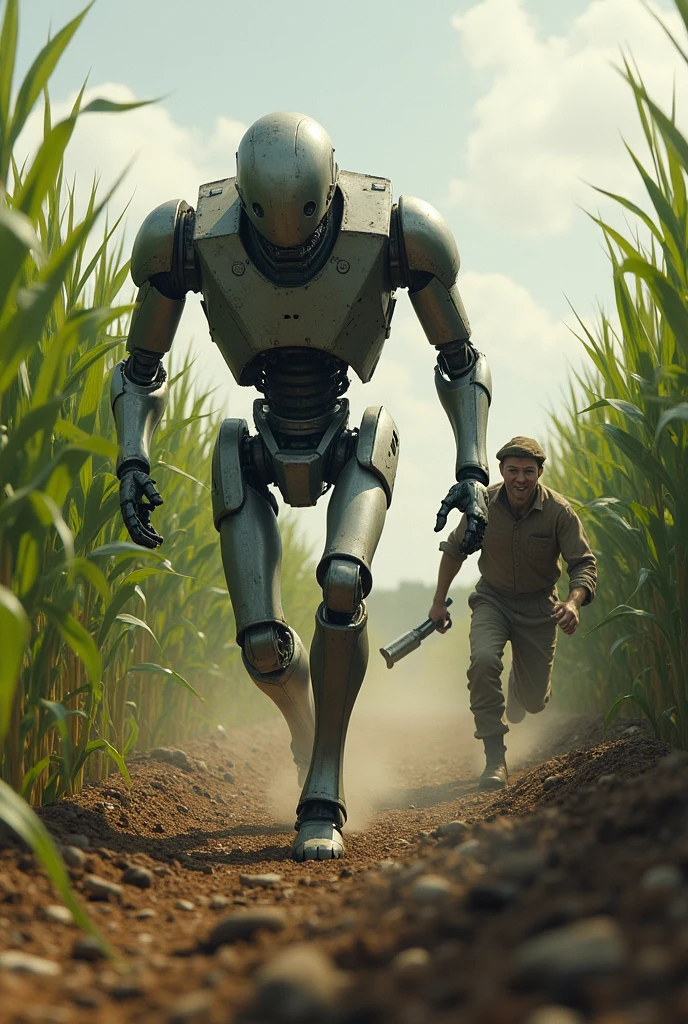 a robot running in a corn field chased by a very angry nail cutter because his crop just went up in smoke because the robot destroyed the potato field
