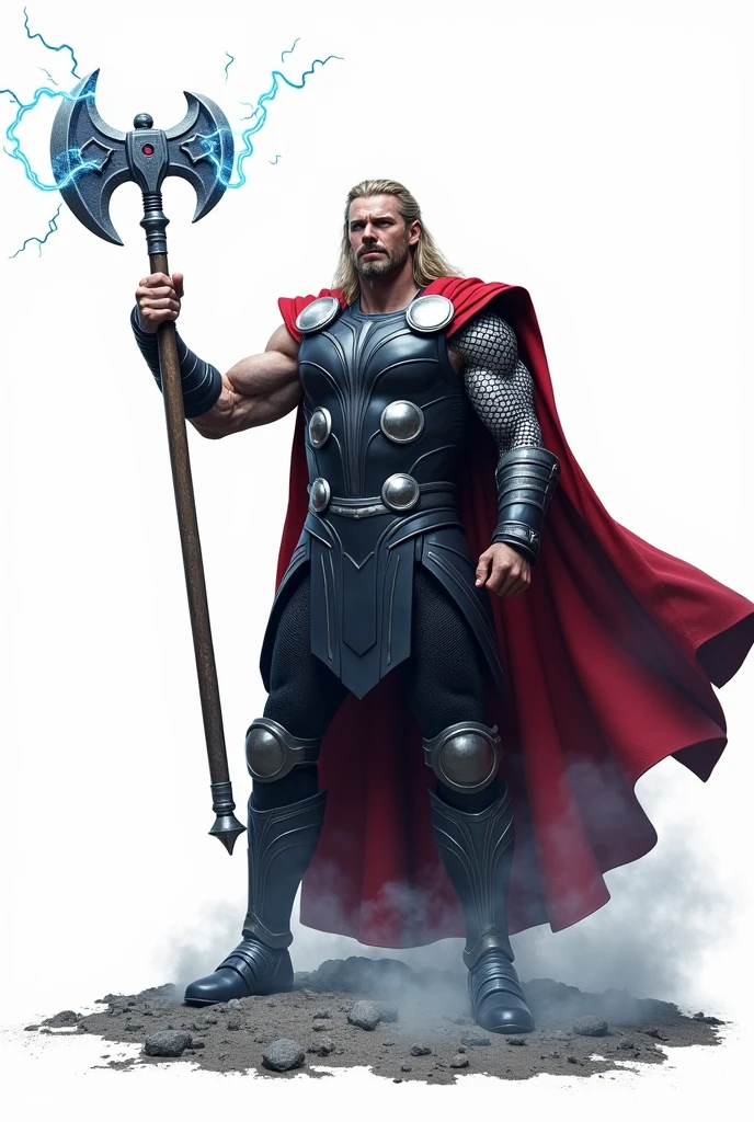 A thor with axe in his hand fire on axe with white background 