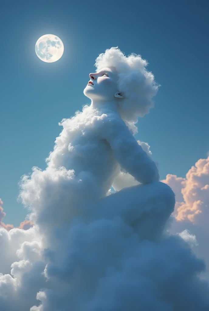 The cloud resembles a man sitting with his back resting on his chin, looking up as if he were looking at the moon