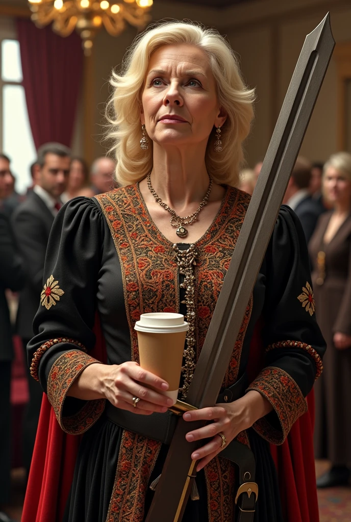 Blonde woman age 60,drinks coffee from a paper cup, trader ,dressed as a toastmaster at a wedding, in the form of the Ural Cossacks,with a saber in hand