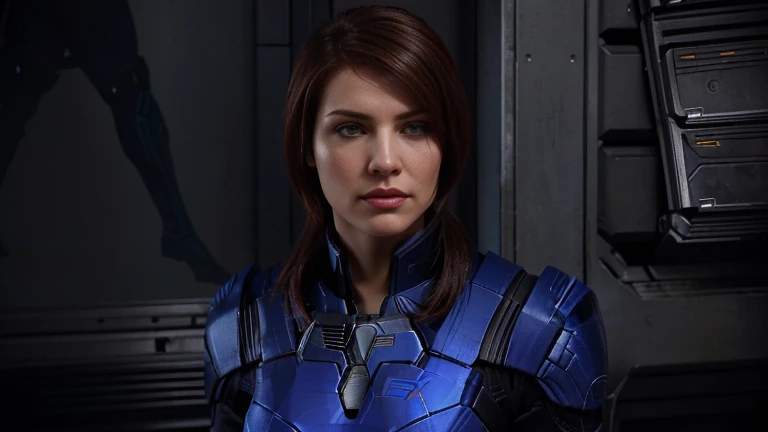 Woman dressed in a blue suit standing in front of a wall, wearing mass effect armor, Femshep, Comandante Shepard, mass effect style, inspired by Eve Ryder, mass effect inspired, mass effect fantasy, sigma woman, female character, mass effect, Gordon Freeman as a woman, attractive sci-fi face, quinn, bioware, female main character