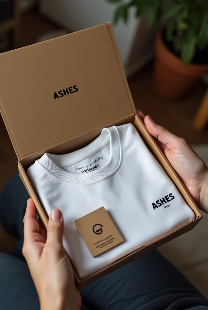 Unboxing a white ashes shirt in a small flat box having the logo on top inside the box is the shirt with tags on it and inside is a small mabale flat piece 5cm by 5cm having the logo and a Bible scripture on it  black shirt 