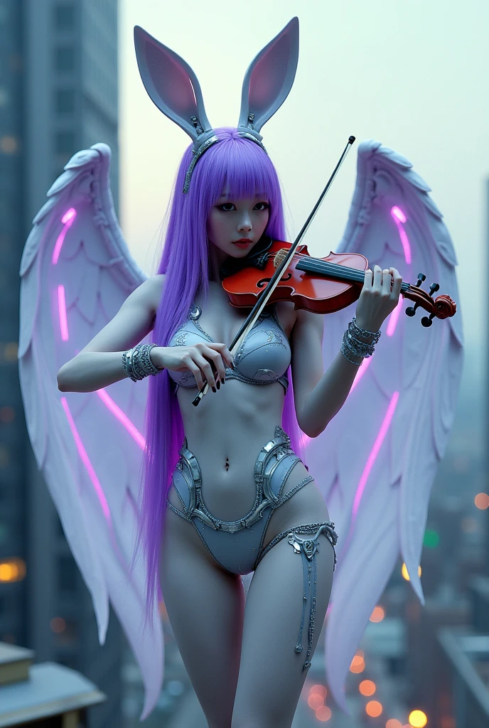 masterpiece, (Photorealistic:1.4), RAW Photos, Cyborg Angel, Large metal wings, Gray porcelain body, Purple Hair, Glowing Skin, A bewitching 30-year-old Japanese woman, ((Ultra-Realistic Details)), Global Illumination, Shadow, Octane Rendering, 8k, Super sharp, Character edge light, Intricate decorative details, Details of Sumerian hydraulic cylinders, Small LED Lamp, Very intricate details, Realistic Light, Green Eyes, Shining Eyes, To the camera, Neon Details, Cowboy Shot, Futuristic headgear, cyber punk,Playing a futuristic violin,Rabbit-shaped ears on the head,The background is the rooftop of a building,