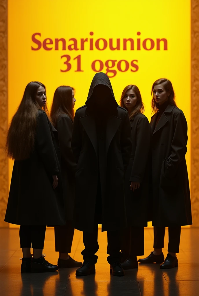 A group of man consisting by 6 people wearing a black coat. One man with hoodie. Color the background with gold. Write on that showcase SENARIOUNION 31 OGOS