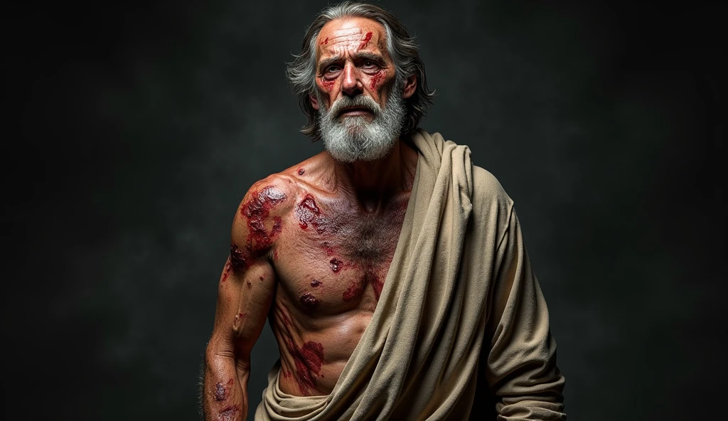 "A highly detailed and realistic full-body portrait of Job (Jo) from the Bible, depicting his utter despair. He is an older man with a full, graying beard, and his entire body is marked by painful sores, chagas, and deep wounds. His face reflects extreme anguish and desperation, with tears in his eyes and a look of hopelessness. His posture is defeated, with slumped shoulders and trembling hands. His clothing is tattered, revealing the sores and chagas covering his skin. The background is dark and bleak, emphasizing the intensity of his suffering and the overwhelming sense of despair. The image should capture both the physical and emotional torment that Job is enduring."