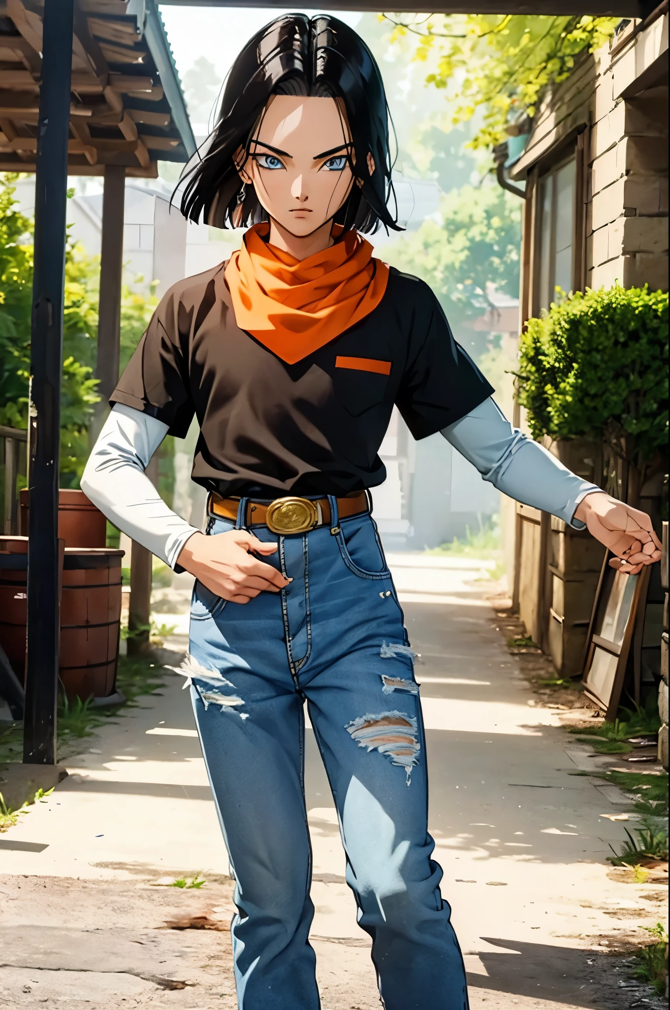 A masterpiece, best quality, detailed and expressive eyes, perfect facial features, high resolution, 1 boy, alone, android -inspired boy, (male body:1.3), blue eyes, black hair, parted hair, short hair, black shirt, jeans, layered shirt, white sleeves, orange bandana, blue sneakers, green socks, brown belt, red freckles, outdoor, landscape, standing, portrait, looking at viewer