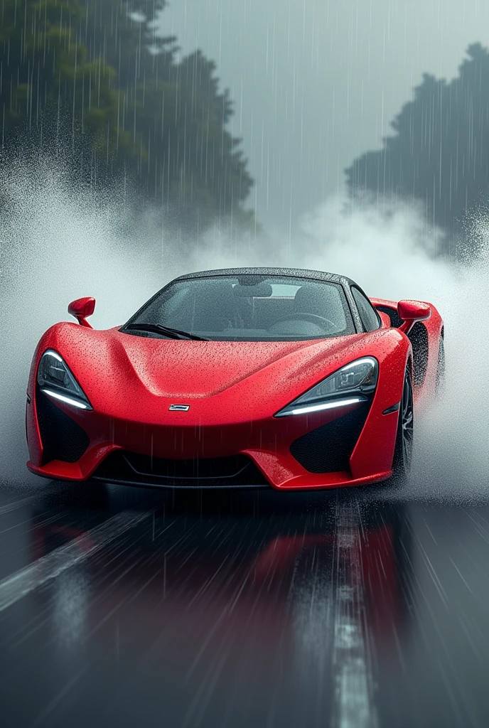 Red car driving in rain 