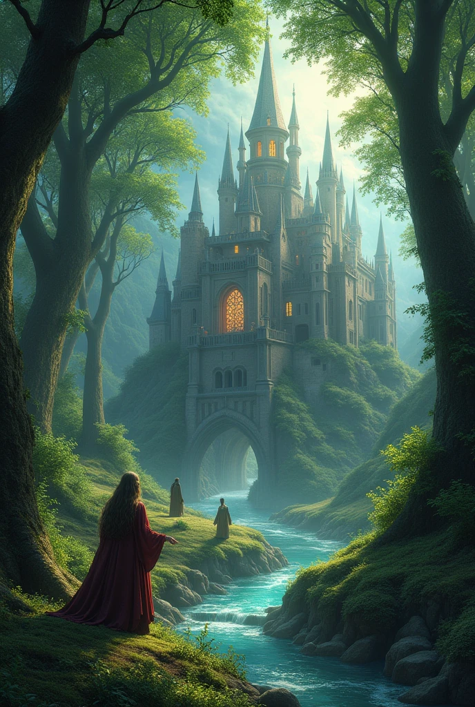 the majestic medieval kingdom in the middle of the forest of the elven wizards, with its luminous trees and singing rivers, where magic flows freely through the air, creating an atmosphere of charm and mystery. Every corner of the kingdom is filled with a magical aura, and nature and magic coexist in perfect harmony.