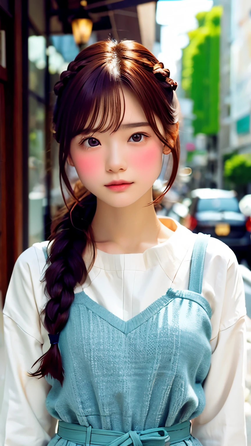 masterpiece、Highest quality、Film Grain、RAW Photos、One Woman、No makeup、Cute even without makeup、Malaise、alone、Cute eyes、Insane beauty、Red cheeks and nose、very cute、Random hair color、French Braid、Small breasts、Nice outfit、Cute clothes、Blurred Background、