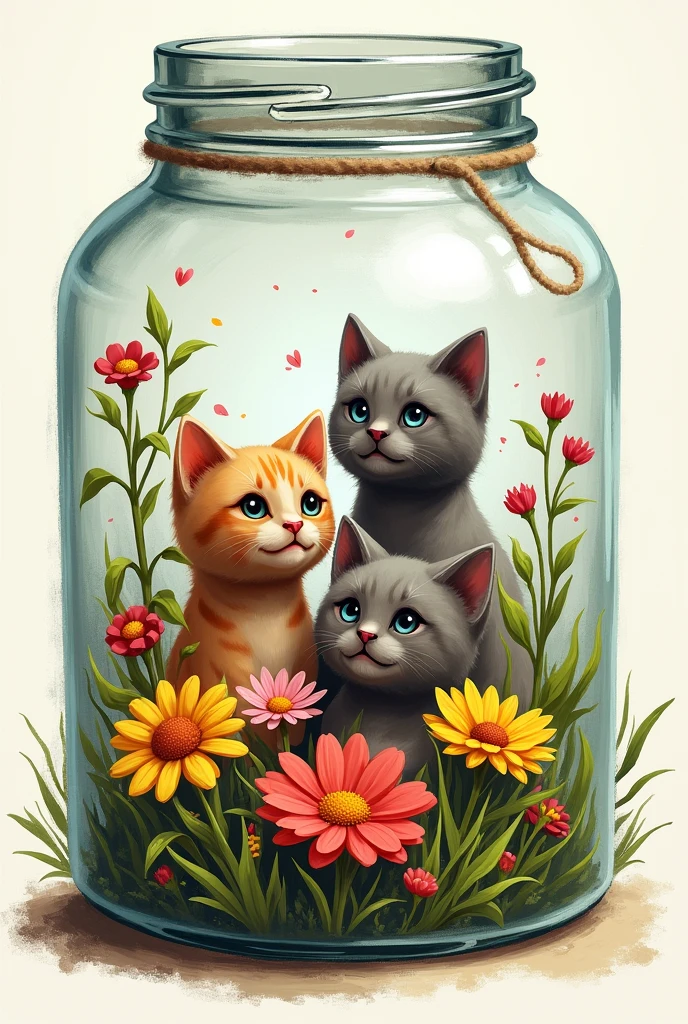 I want an image that is a sketch-type painting that I will capture in a glass jar, The image must be of Minecraft kittens and flowers