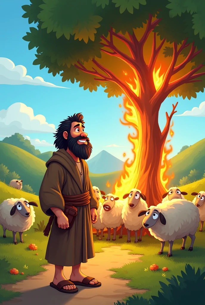 moisés ( 30 year old bearded man) seeing a tree on fire , with several sheep behind him, animated cartoon 