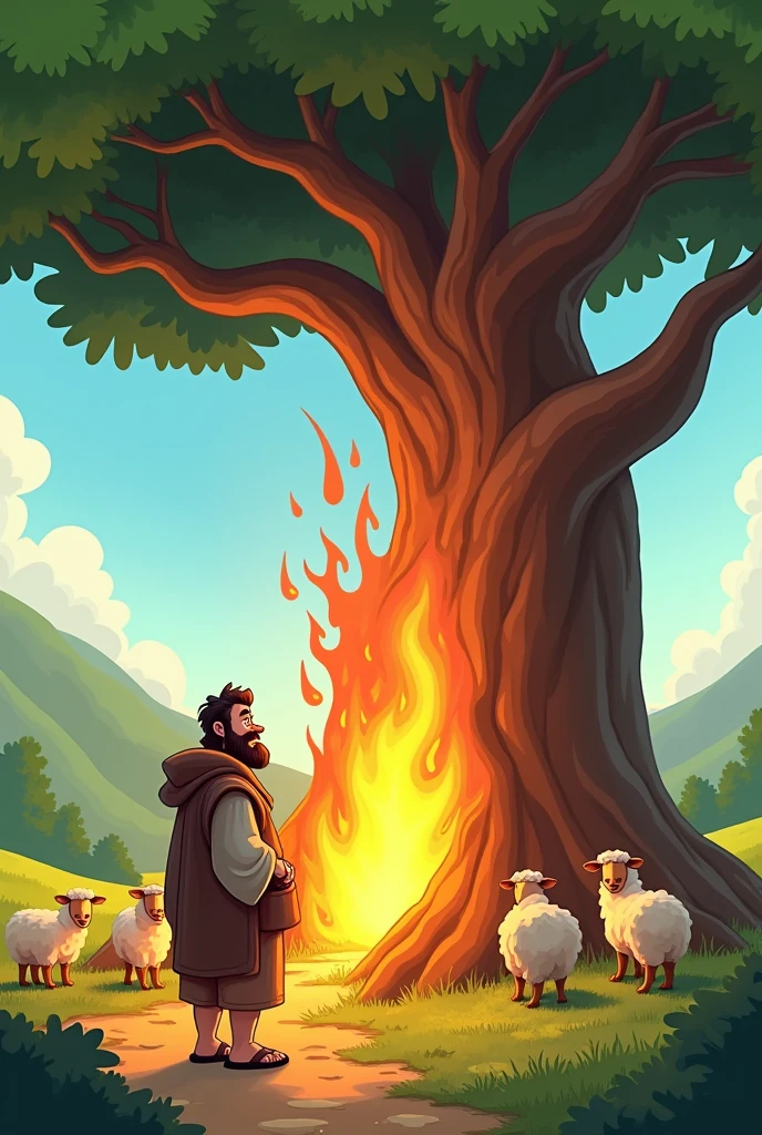 moisés ( 30 year old bearded man) seeing a tree on fire , with several sheep behind him, animated cartoon 