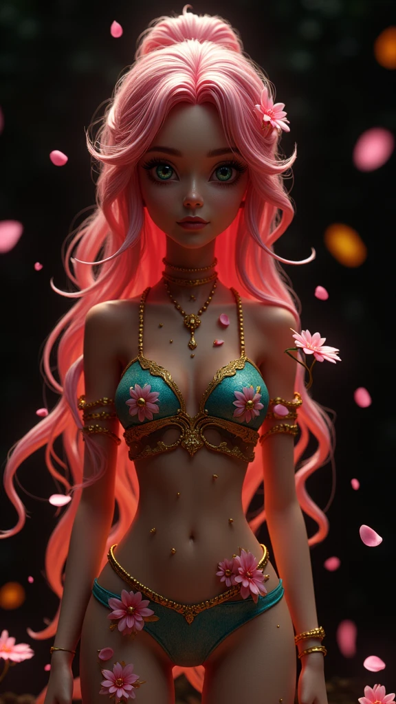 A 12K 3D HD hyper-realistic image of a Latin fairy with neon pink hair adorned with petals and glistening pollen. She is wearing an elegant turquoise and gold outfit with intricate details. The fairy has mesmerizing eyes that sparkle like morning dew. She is standing in a dark fantasy setting with rich colors and textures. The image has a cinematic vibe with vibrant colors and intricate details.