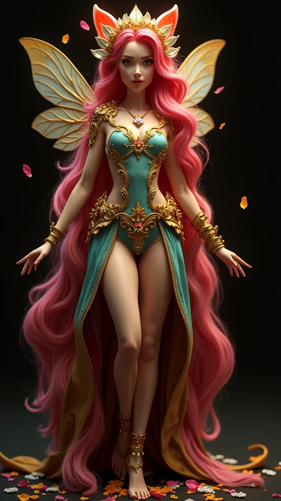 A 12K 3D HD hyper-realistic image of a Latin fairy with neon pink hair adorned with petals and glistening pollen. She is wearing an elegant turquoise and gold outfit with intricate details. The fairy has mesmerizing eyes that sparkle like morning dew. She is standing in a dark fantasy setting with rich colors and textures. The image has a cinematic vibe with vibrant colors and intricate details.