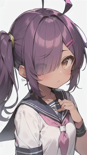 (skinny,make up,tanlines,Wheat skin),(side ponytail,ahoge,One eye is covered by hair,purple hair,Pink Mesh),(Sailor school uniform)