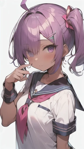 (skinny,make up,tanlines,Wheat skin),(side ponytail,ahoge,One eye is covered by hair,purple hair,Pink Mesh),(Sailor school uniform)