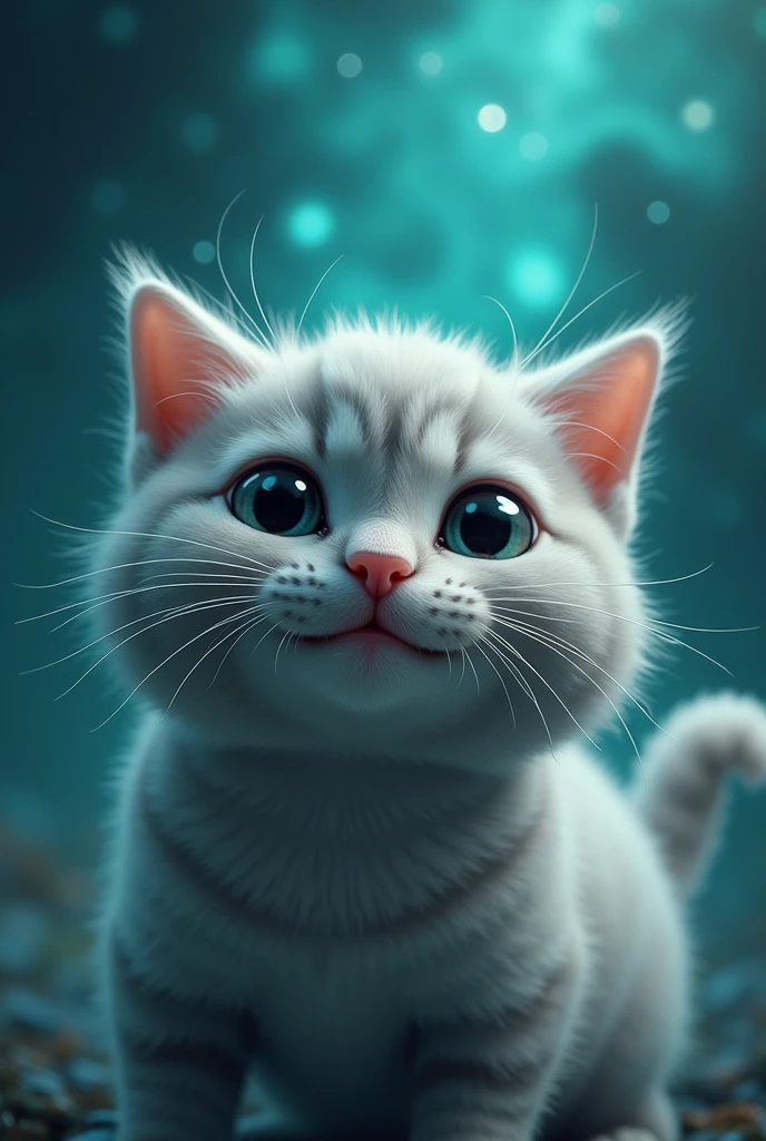 create a cute cat, is he happy, realisitic, focusing on your nose and mouth, focus on the whiskers, zoom in on nose and mouth, gray color with turquoise, super realisitic, turquoise galaxy background