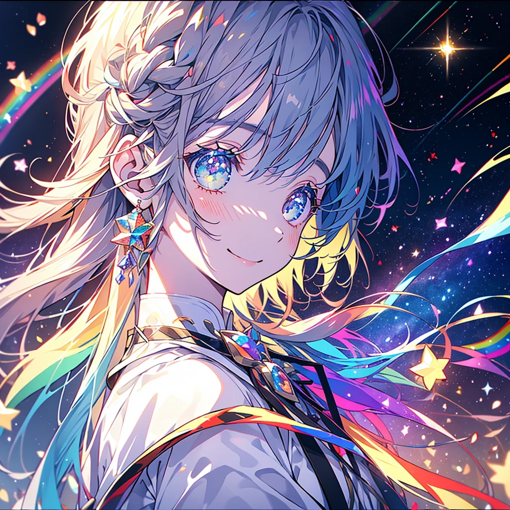 masterpiece、girl、Rainbow colorsの髪、Sparkling eyes、smile、Shining Background、Starry Ski、Rainbow colors、Starry Sky、milky way、Upper Body、profile