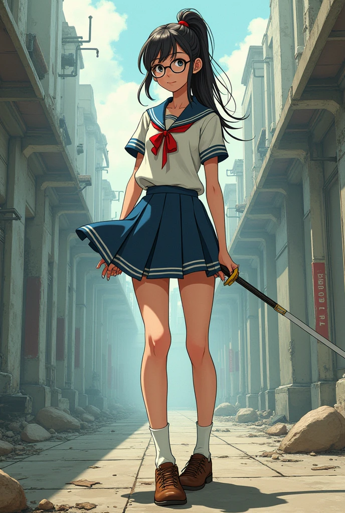 comic book style a girl stands elegant with a high ponytail and round glasses, dressed in a slightly worn school uniform. Her pleated skirt and school shoes show subtle signs of wear, hinting at a post-apocalyptic world. She grips a fencing sword with determination, her posture is elegant and slim. Her expression, a mix of intelligence and resolve, is accentuated by a slight smirk