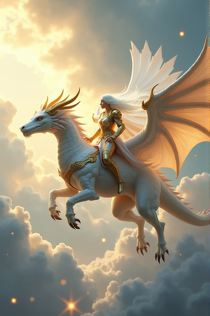 A paladin with long, white hair flying atop a white celestial dragon with white and gold wings 