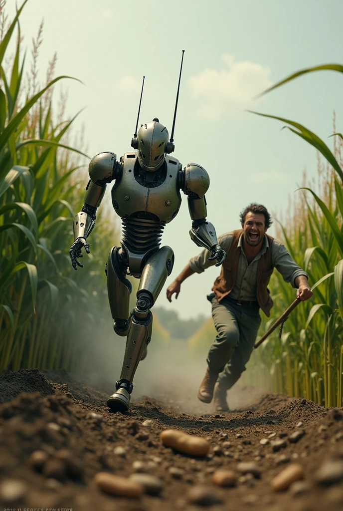 a robot running in a corn field chased by a very angry nail cutter because his crop just went up in smoke because the robot destroyed the potato field
