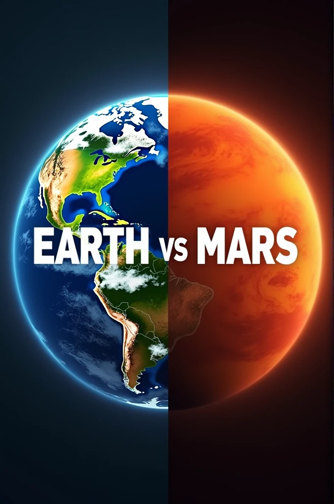 Here's a prompt for a YouTube thumbnail for your Earth vs Mars comparison video:
"Image: A visually striking split-screen image with a beautiful, vibrant photo of Earth on one side and a stunning, reddish-orange photo of Mars on the other.
Text:
- Title: "EARTH VS MARS"
- Subtitle: "Which Planet Reigns Supreme?"
Color scheme: Use a bold, contrasting color scheme to highlight the differences between the two planets. Earth can be represented by blues and greens, while Mars can be represented by reds and oranges.
Fonts: Use a clean, modern font to make the text easy to read