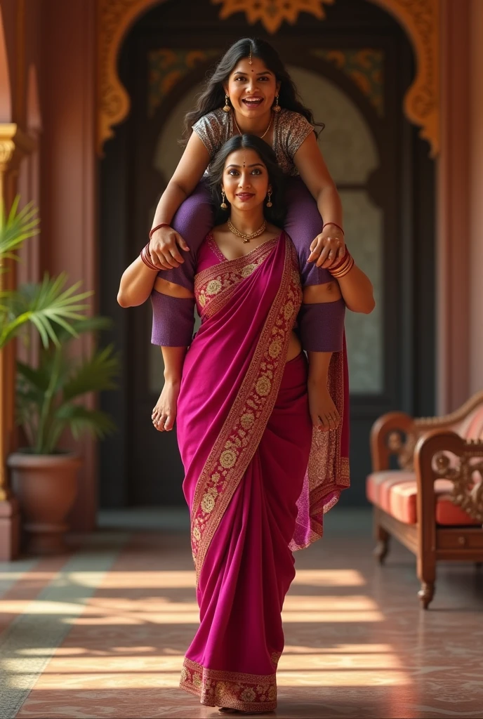 Beautiful indian woman in dark pink saree lifting up a large chubby man on her shoulders in a room, full body view